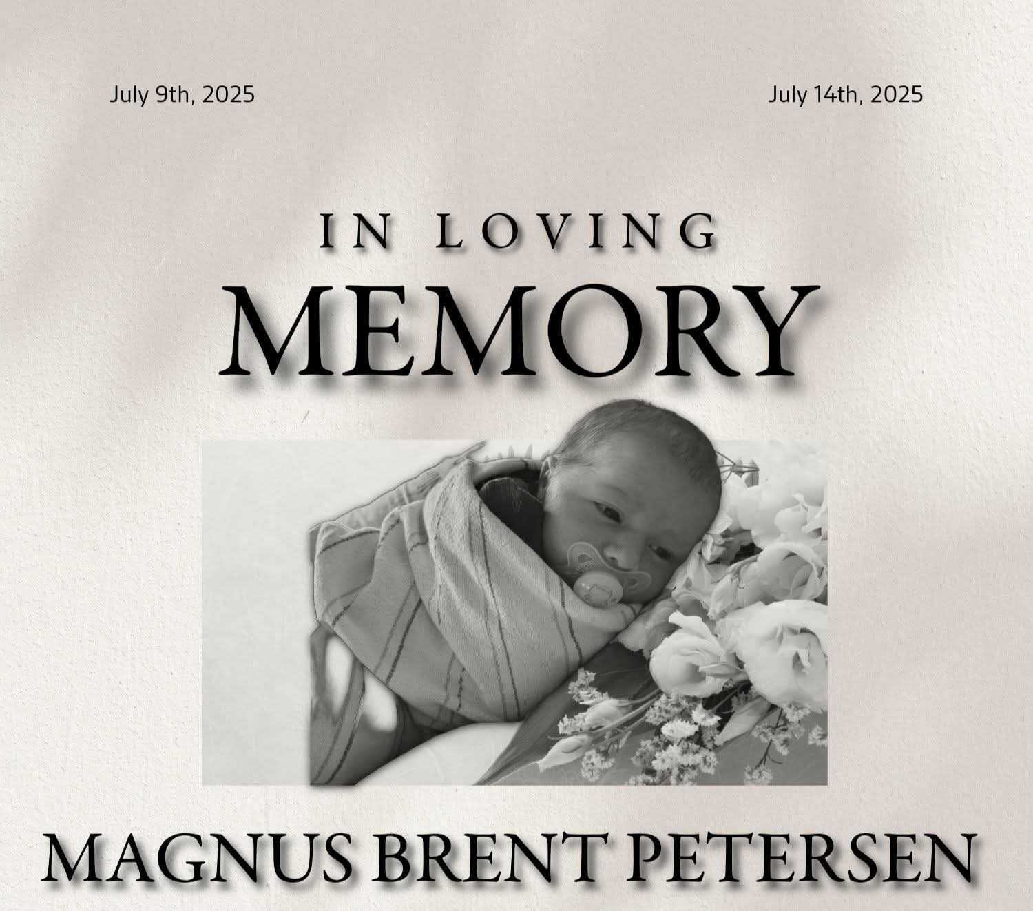 Memorial image for Magnus Brent Petersen with black-and-white portrait and remembrance text